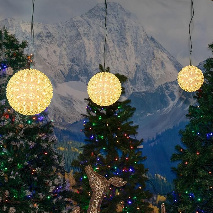 Novelty Lights LED 7.5in 100 Light Twinkling Starlight Sphere Warm White Large Ornament Ball Light 5ft Hanging Cord with S Hook 12ft Power Cord with Stackable Plug Commercial Grade