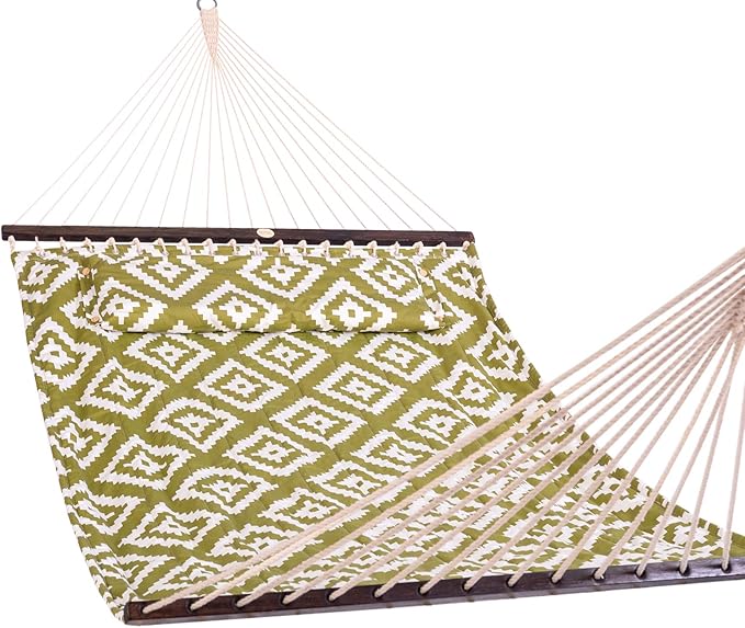Lazy Daze Hammocks 12FT Quilted Fabric Hammock with Soft Pillow Double 2 Person Tree Hammock with Spreader Bar for Outside Patio Poolside Backyard Beach 450 lbs Capacity Green Geometric