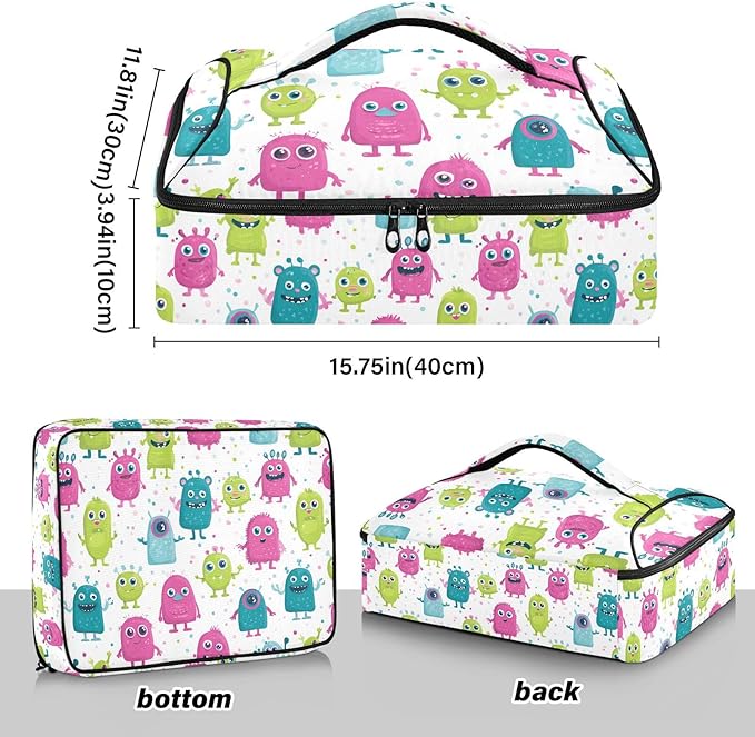 Casserole Carrier Colorful Pattern Cute MonstersInsulated Casserole Carrier for Hot or Cold Food Thermal Lunch Tote for Potluck Parties Picnic Beach Fits 9 x 13 Inches Baking Dish