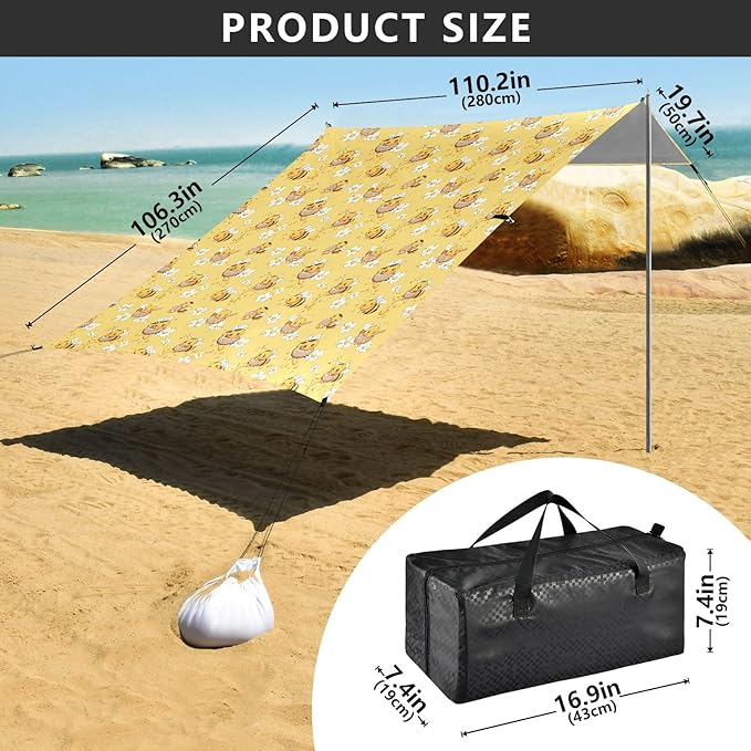 ALAZA Cute Bee Flower Beach Tent Sun Shelter UPF50+ Protection Beach Shade Canopy w/ 4 Sandbags for Outdoor Camping Fishing Backyard Fun Picnic 10x9 ft