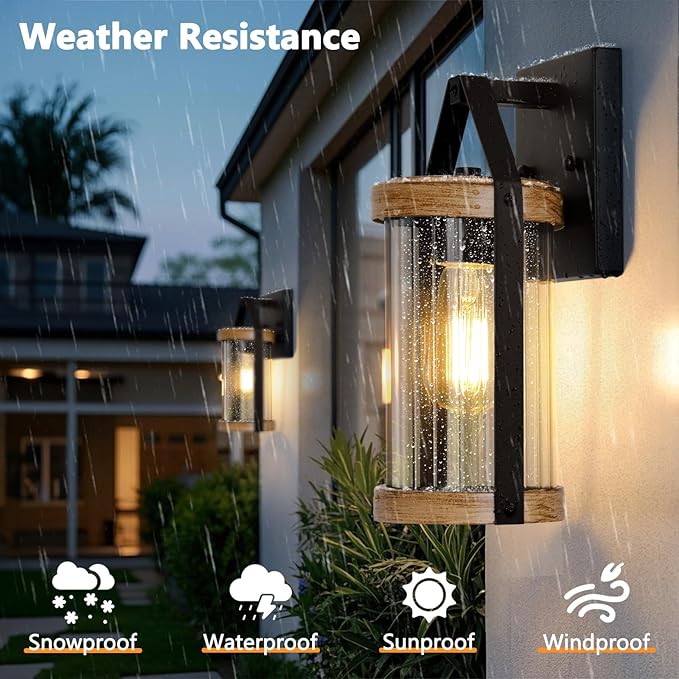 2-Pack Outdoor Light Fixtures Waterproof Modern Exterior Wall Lantern Porch Lights Black Wall Sconce with Clear Ribbed Glass Outside Light with Wood Texture for House Bulbs Not Included