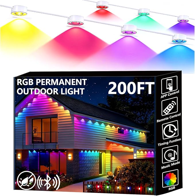 Permanent Outdoor Lights 200ft Smart Eave Lights with RGB LED Light IP67 Waterproof App Control DIY RGB Light for House Halloween Decorations