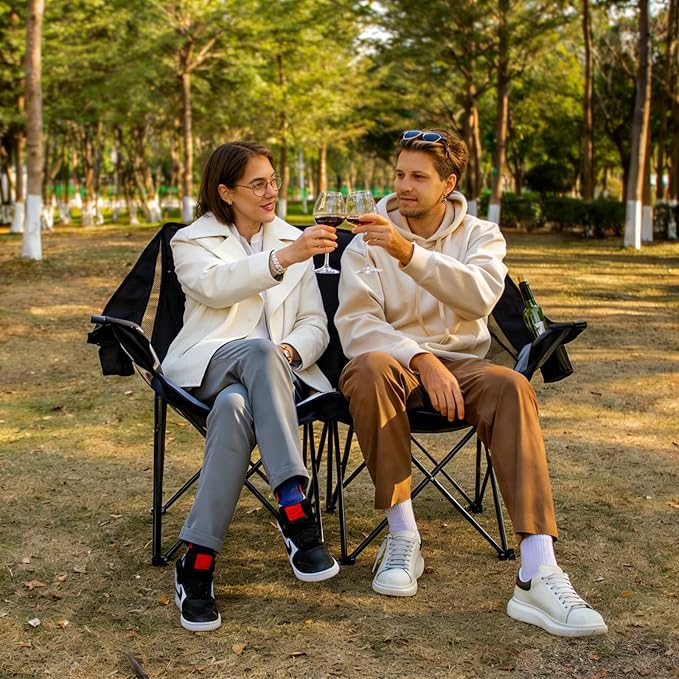 Double Camping Chair for Adults - Heavy Duty 700LB Oversized Padded Camping Loveseat 2 Person Folding Outdoor Chair with Cup Holders for Lawn Backyard (Grey)