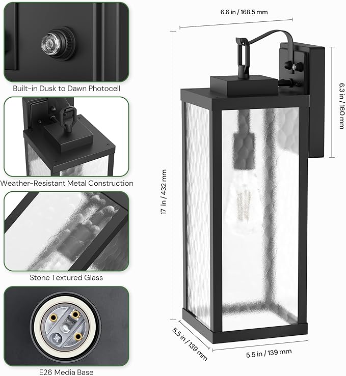 DORESshop Large Size Dusk to Dawn Outdoor Wall Lights 16 Inch Matte Black Waterproof Anti-Rust Outdoor Light Fixtures Wall Mount with Water Ripple Glass Shade for Porch Garage ETL Listed 2 Pack