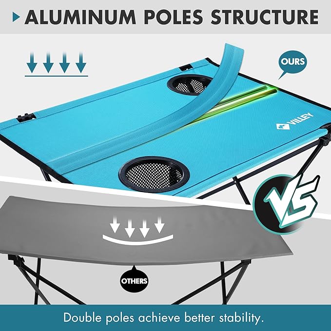 VILLEY Folding Camping Table Lightweight Portable Beach Table with 2 Cup Holders &amp Carry Bag for Camping Beach Fishing Travel and Outdoor Activities (Small)