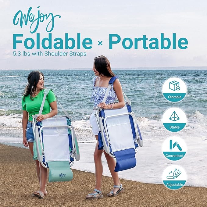 #WEJOY Folding Beach Chair for Adults 4-Position Lightweight Beach Chair Low Beach Chairs with Shoulder Strap Cup Holder and Headrest Supports 265lbs for Beach Lawn (Blue 2Pack)