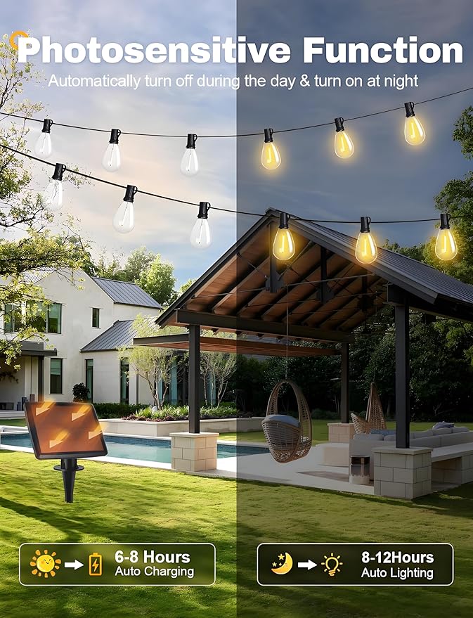 Tenmiro 60FT Solar String Lights Outdoor with Remote and 16+2 LED Shatterproof Bulbs Dimmable &amp Timing 3 Light Modes Solar Patio String Lights for Cafe Garden Deck Outside Wedding Last for 10+H