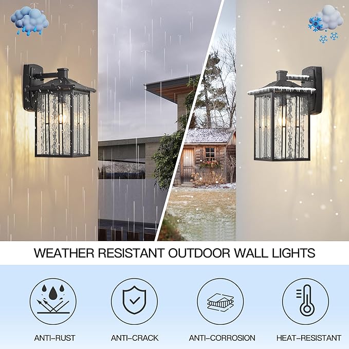 Outdoor Porch Light Fixtures Black Wall Sconce Exterior Light Large Front Ddoor Sconce Lights Water Glass Outdoor Wall Lantern for Porch Garage House 15”H