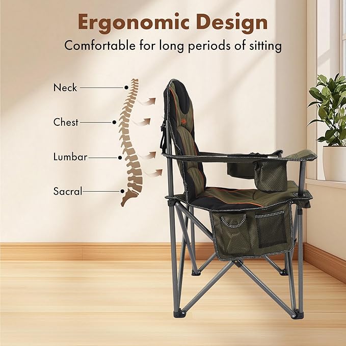 Oversized Camping Chair Heavy Duty Steel Frame 450 LBS Capacity Collapsible Padded Arm Chair with Cup Holder Lumbar Support Portable for Outdoor Garden Beach Home (1 Green)