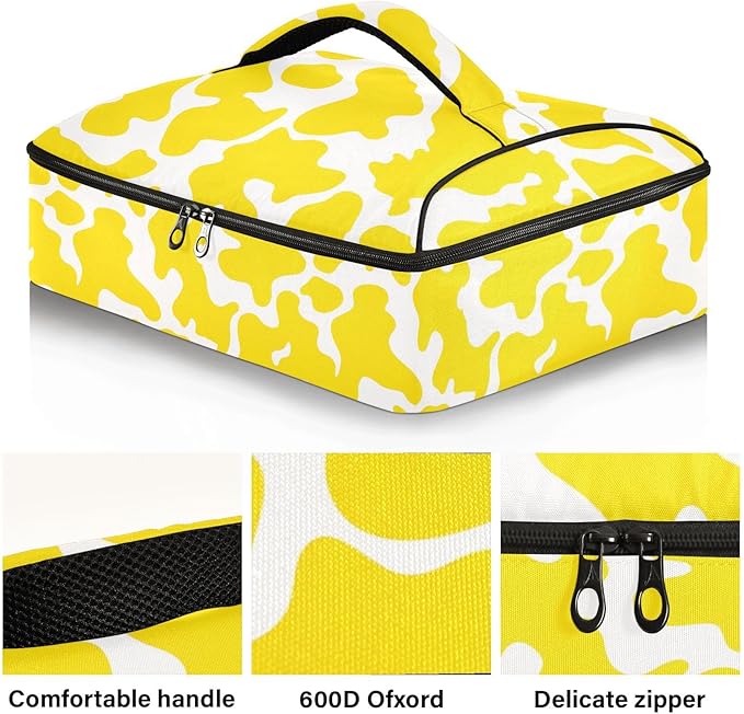Casserole Carrier Yellow and White Cow Print PatternInsulated Casserole Carrier for Hot or Cold Food Thermal Lunch Tote for Potluck Parties Picnic Beach Fits 9 x 13 Inches Baking Dish