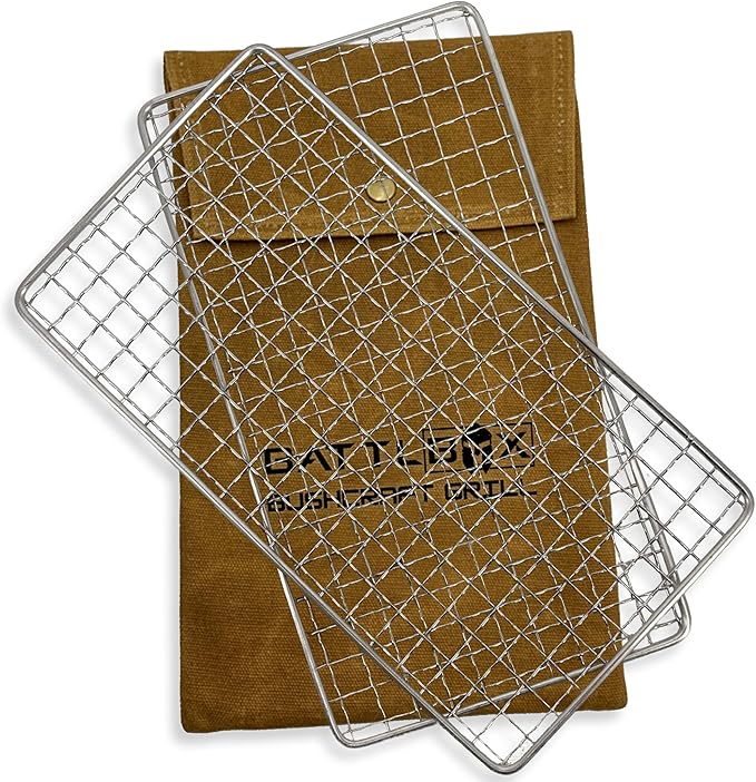 BattlBox Bushcraft Grill Stainless Steel Campfire Cooking Grate (2-Pack) Portable Camping Grate for Fire Cooking BBQ - Canvas Carrying Bag - Welded Mesh Grill Grate - Backpacking Camping Hiking
