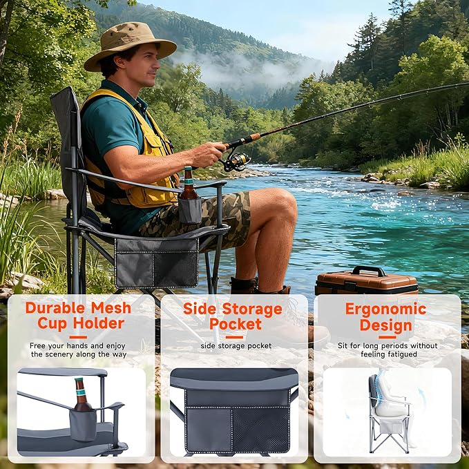 Onini Oversized Camping Folding Chairs Heavy Duty Support 500 LBS Chair with Cup Holder Storage Bag for Outdoor Beach Fishing Trip Picnic Thicken 600D Oxford 2 Pack