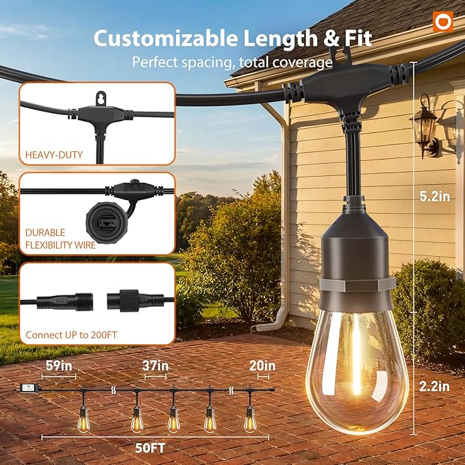 addlon 50FT Outdoor String Lights LED with Remote Dimmable Patio Lights Waterproof Shatterproof Edison Bulb for Outside Backyard Porch Garden Bistro Pergola Party Decor Warm Ambience Lighting
