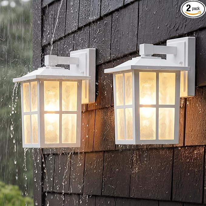 KDG Outdoor Waterproof Patio Wall Light Fixtures Set of 2 White E26 Socket Exterior Lanterns with Tempered Glass Modern Wall Mounted Lamp Suitable for Home Front Door Garden Garage Porch