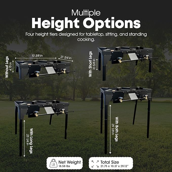 GasOne Double Propane Burner with Carry Bag Adjustable Height 4-Tier Removable Legs for Outdoor Cooking – High Pressure PSI Regulator Camping Accessories Camp Stove – Cast Iron Portable Stove Top