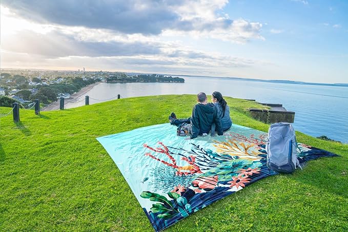 WEKAPO Beach Blanket Waterproof Sandproof Oversized Extra Large Beach Mat Sand Free Lightweight &amp Compact Sand Free Mat with 6 Stakes &amp 4 Corner Pockets