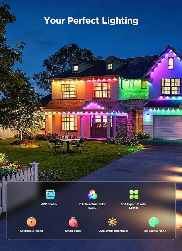 Permanent Outdoor Lights 50FT with 32 Smart RGB LED Lights DIY Scene Mode IP68 Waterproof Christmas Lights for Daily and Accent Lighting Outdoor Decor House Roof Holiday Decorations