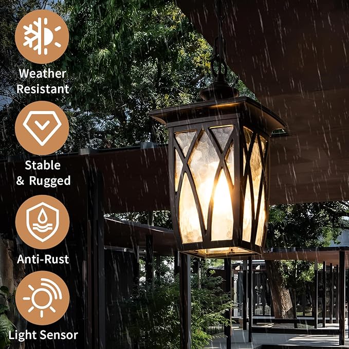 JYZ Dusk to Dawn Outdoor Pendant Lantern 15 Inch Craftsman Style Large Exterior Hanging Light with Water Ripple Glass Traditional Outdoor Chandelier for Front Porch Gazebo Patio Garden