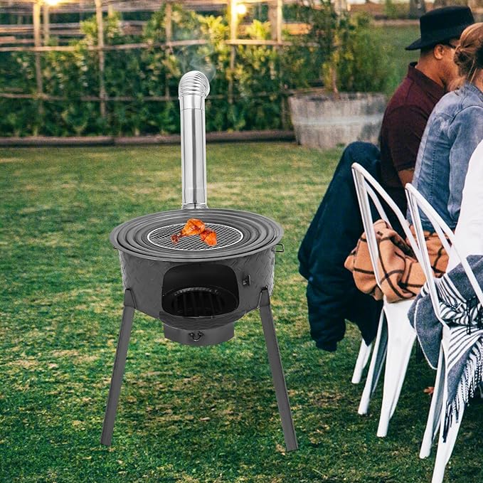Multifunction Wood Burning Stove With Grill Rack Camping Wood Stove Large Charcoal Grill With Grill Rack For Outdoor/Backyard Cooking Picnic And Barbecue. (Gray-21in+ 4 Wok Rings)