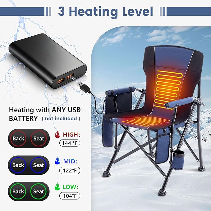 Heated Camping Chairs for Adults Portable Heated Chairs for Outdoor Outdoor Heated Chair Folding Chairs Heavy Duty Lawn Chairs for Adults with Cup Holder Navy Blue (Battery NOT Included)
