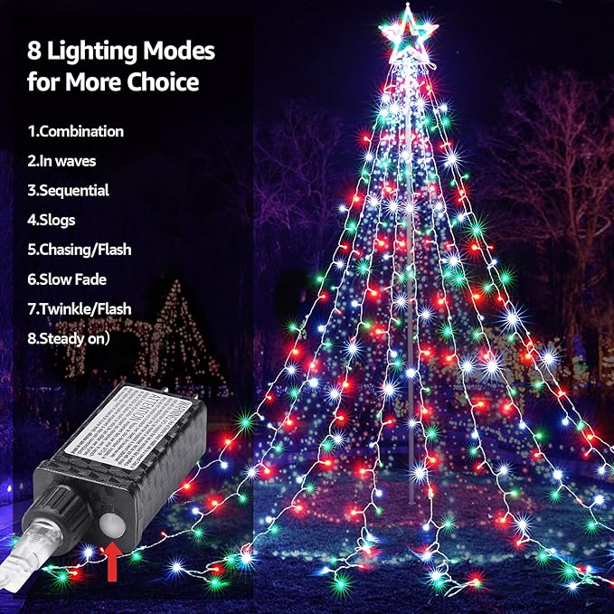 BlcTec Outdoor Christmas Lights 344 LED Christmas Star Lights with 9 Strands 11.9ft Waterfall Tree Lights 8 Modes Waterproof &amp Timer for Garden Yard Patio Outdoor Xmas DecorationsRed Green Whit