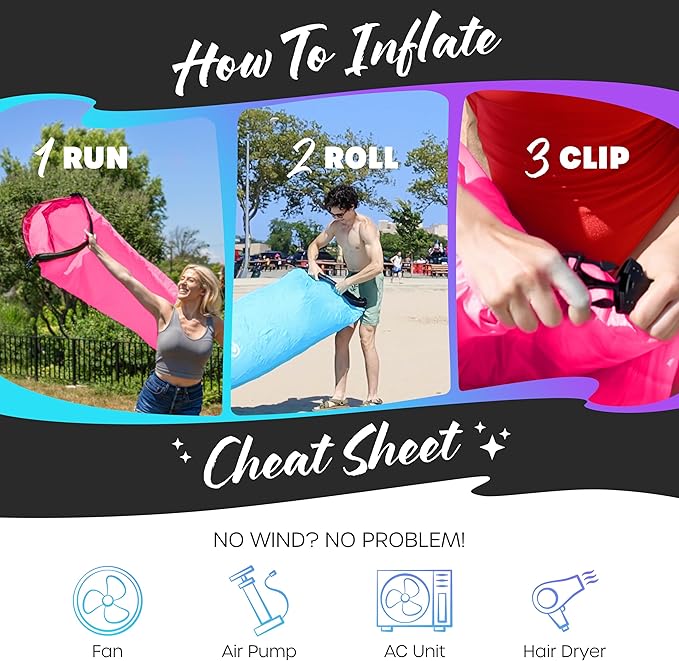 Nevlers Blue &amp Pink Inflatable Lounger 2 Pack | 210T Polyester Air Couch | No-Pump Inflatable Couch | Blow Up Chair Set w/ 450 lbs. Capacity Pockets &amp Carry Bags for Use as Beach Accessories