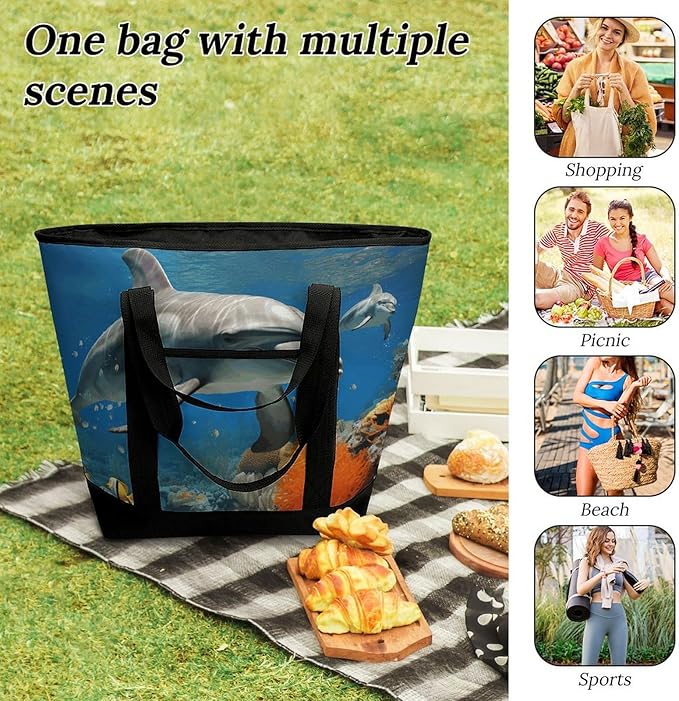Insulated Shopping BagLarge Reusable Cooler Bags Dolphins Blue Printed Foldable Shopping BagTravel Waterproof Shoulder Bag