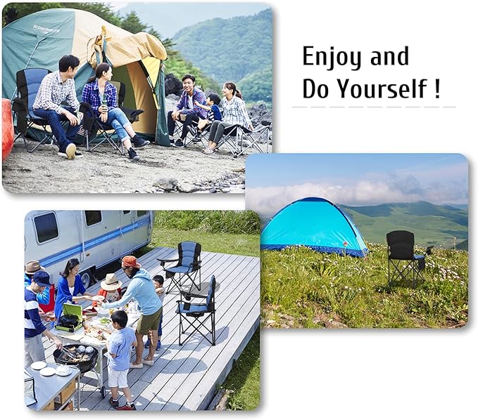 Oversized Camping Chair Folding Heavy Duty Quad Outdoor Large Lawn Chairs Portable Support 400 lbs Padded Thicken Oxford with Armrests Storage Bag Cup Holder Carry Bag for Outside(Blue)