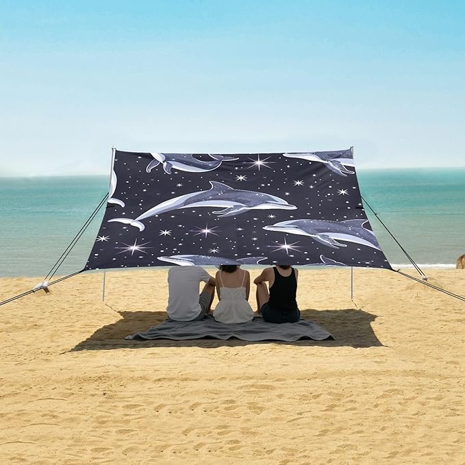 Dolphins in The Night Space Sky with Stars Camping Sun Shelter Beach Tent Portable Beach Sun Shade Outdoor Canopy for Camping Trips Fishing Picnic