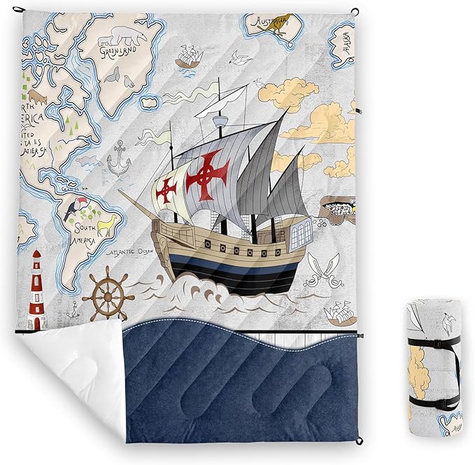 Axolotl Nautical Camping BlanketSailboat World Map Packable Outdoor BlanketSailing Anchor Lightweight Waterproof Camping BlanketOcean Themed Outdoor Blanket for Picnic Hiking Traveling Cold Weather
