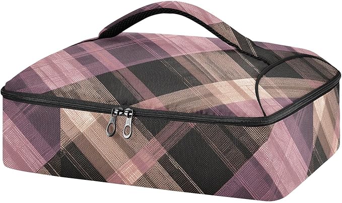 Casserole Carrier Pattern Purple Brown Tartan Plaid Insulated Casserole Carrier for Hot or Cold Food Thermal Lunch Tote for Parties Picnic Travel Carry Bag