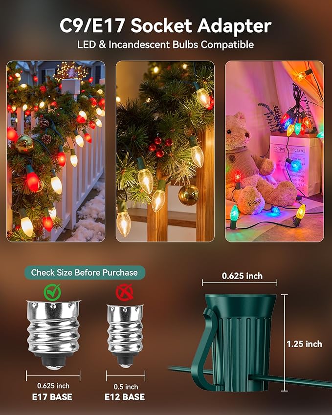 Brightown Commercial 250 FT C9 Christmas Light Sockets Set Spool C9 Christmas Stringer Bulk Reel C9 E17 Candelabra Base SPT-1 8-Awg Green Wire
