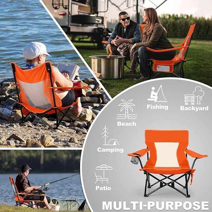 Joyfair Beach Camping Chair (2 Pack) Outdoor Folding Lawn Chair for Adults Heavy Duty Portable Chair with Armrest for Outside Fishing Sport Patio Cup Holder &amp Storage Pocket Carry Bag (Orang