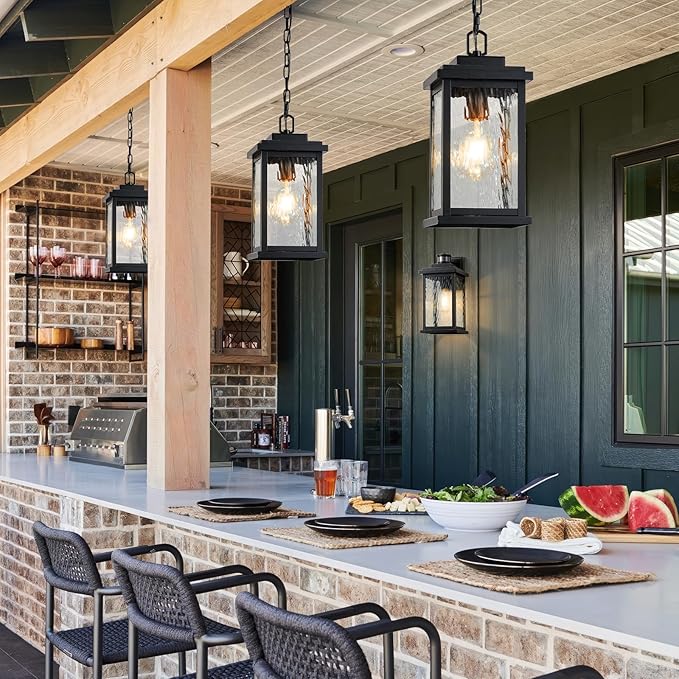 VIANIS Large Anti-Rust Outdoor Chandelier with Adjustable Wire Black Pendant Light with Water Glass for Porch GardenGarage Easy-to-Install Outdoor Hanging Lantern Suiting for Sloped Ceiling