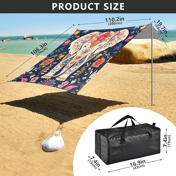 Cute Elephant FlowerCamping Sun Shelters 9.2 x 10.5 FT Beach Canopy Tent Sun Shade with Carrying Bag for Camping Trips Fishing Backyard Fun or Picnics 21341038