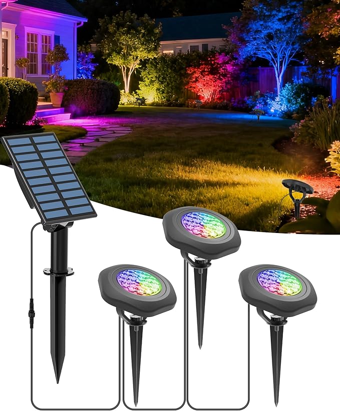 CORESLUX Solar Spot Lights Outdoor Waterproof IP68 3-in-1 LED Color Changing Solar Landscape Lights 2 Light Modes Landscape Path Lights for Outside Garden Yard Pond Pathway