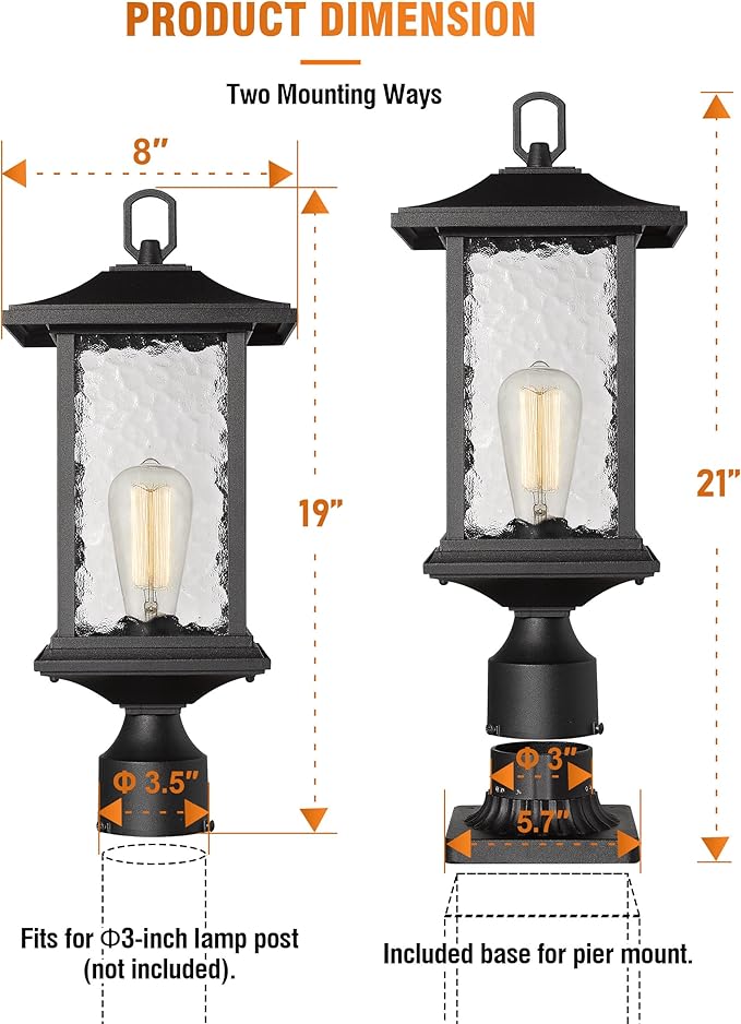 Beionxii Dusk to Dawn Outdoor Post Lights 21inch Large Exterior Lamp Post Light Pier Mount Lantern with Base Black Cast Aluminum w/Water Glass - A272P-1PK (NOT Solar 110-120V AC)