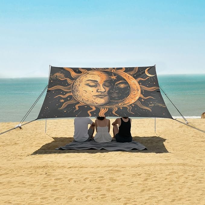 Sun &amp Moon Face Beach Tent Sun Shelter 9.2' x 10.5' Beach Canopy with 4 Sandbags 4 Stability Poles Sand Shovels - Tent Canopy for Beach Camping Fishing Picnics