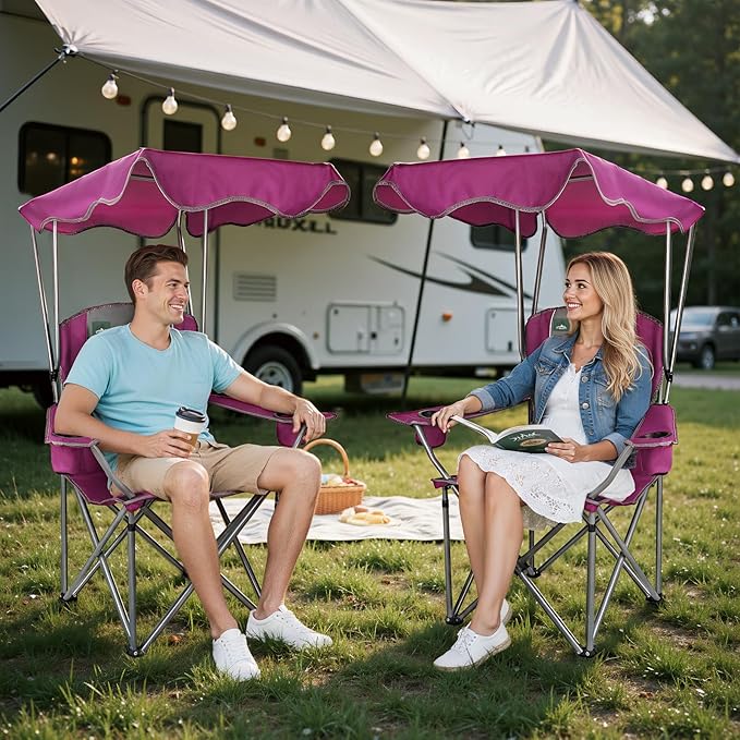 Northroad Folding Camping Chairs with Canopy Shade Beach Chair w/Cup Holders Armrests &amp Carry Bag for Outdoors Travel Sports Fishing Purple