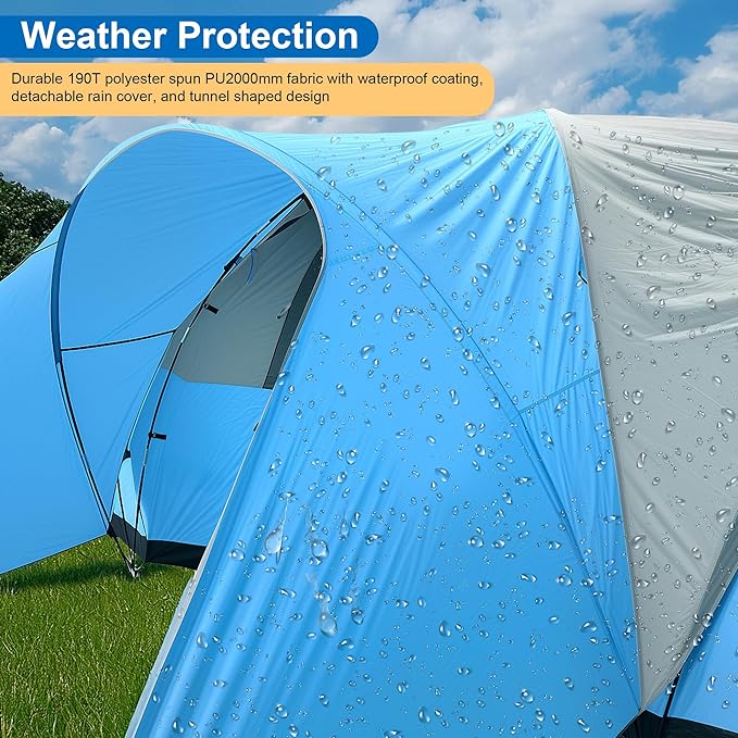 Large Camping Tent Family Tent 8-10 People 216.5x118.1x77.95 inches Waterproof Mesh Roof 2 Bedrooms and 1 Living Room Blue (Blue)