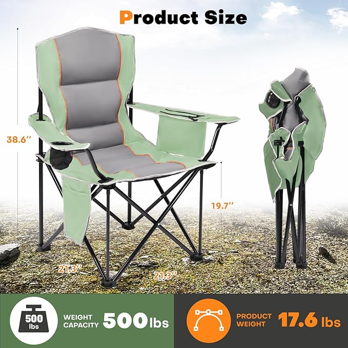 XMT Premium Padded Folding Chair Extra Wide &amp Heavy Duty 450lbs Capacity Portable Camping Chair with Insulated Cooler Cup Holder &amp Storage Compact Foldable for Outdoor Beach Picnics