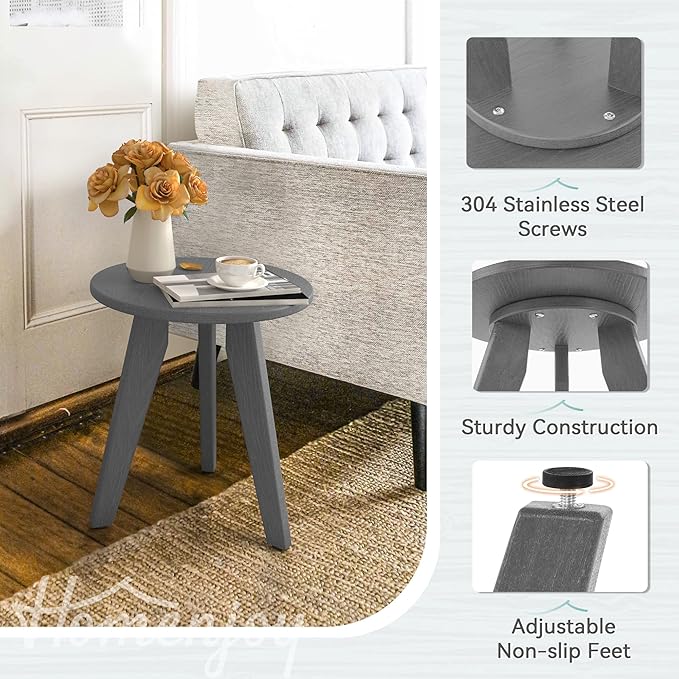 HDPS Outdoor Side Table Small Round Side Table Weather-Resistant Outdoor Side Tables for Patio Porch Deck End Table for Plant Stand Living Room Bedroom Gray