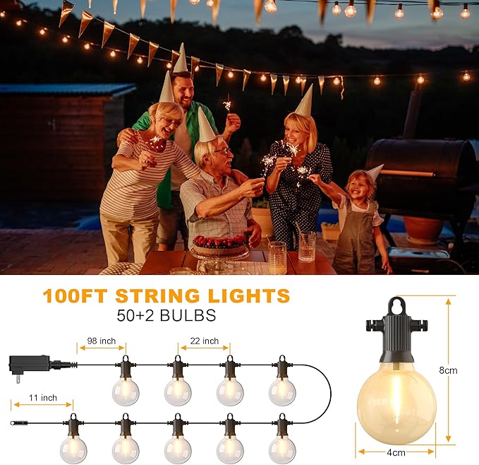 Outdoor String Lights 100FT 4-Color LED Patio Lights with 50 Shatterproof G40 Globe Bulbs Waterproof Hanging Lights for Outside Backyard Porch Balcony Gazebo 2700K/3000K/4000K/6000K