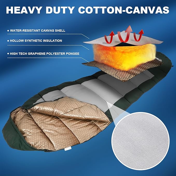 Winter Cold Weather Sleeping Bag for Adults 0 DegreeCotton Canvas with YKK Zipper Compact Backpacking Mummy Camping Sleeping Bag