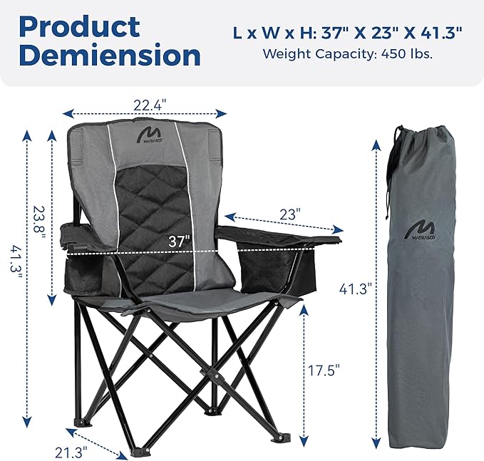Oversized Padded Camping Chair Heavy Duty Steel Frame 450 lb Capacity Folding Camp Chair with 6-Can Cooler Carry Bag for Outdoor Camping Beach Hiking(Gray &amp Black)