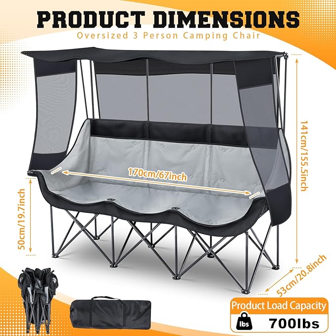 3 Person Camping Chair with Canopy Shade 700lbs Heavy Duty Oversized Beach Camping Chair with Thick Cushion Cup Holder and Carry Bag Foldable Portable Sofa for Lawn Beach Outdoor(Black)