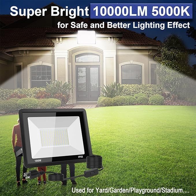 100W LED Flood Light Outdoor 10000LM Bright Plug-in Flood Lights with Switch IP66 Waterproof Exterior Security Lights LED Work Light for Garage Yard Garden Playground Stadium Arena