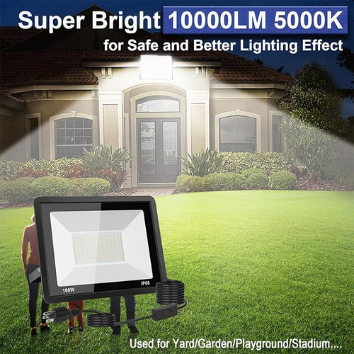 100W LED Flood Light Outdoor 10000LM Bright Plug-in Flood Lights with Switch IP66 Waterproof Exterior Security Lights LED Work Light for Garage Yard Garden Playground Stadium Arena