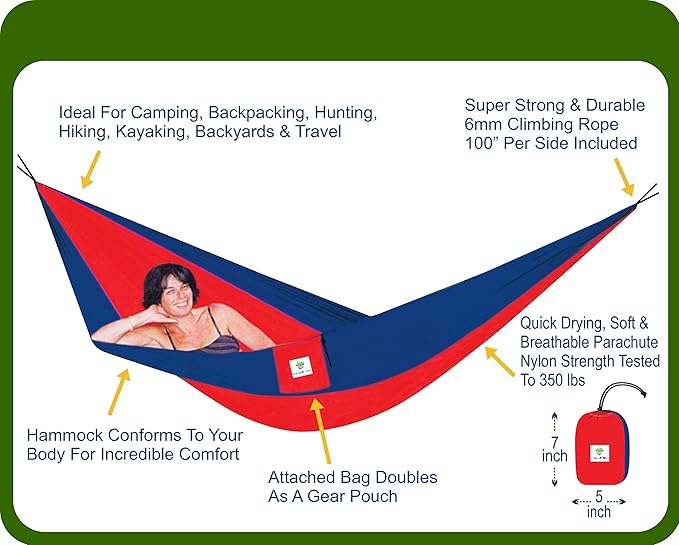 Hammock Bliss Single - Camping Hammock - Camping Essentials Portable Hammock - The Longest Single Hammock On Earth for Outside Hiking and Travel (Navy/Red)