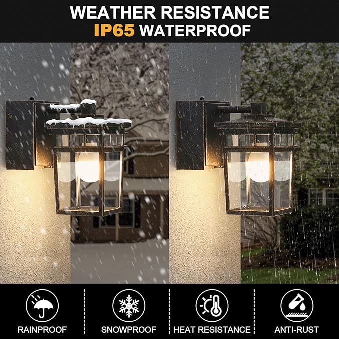 Outdoor Wall Lantern with GFCI Outlet Dusk to Dawn Outdoor Lighting with Clear Glass Shade Waterproof Outside Porch Lights for House Garage Front Door Bulb Included (Black with Brushed Gold)